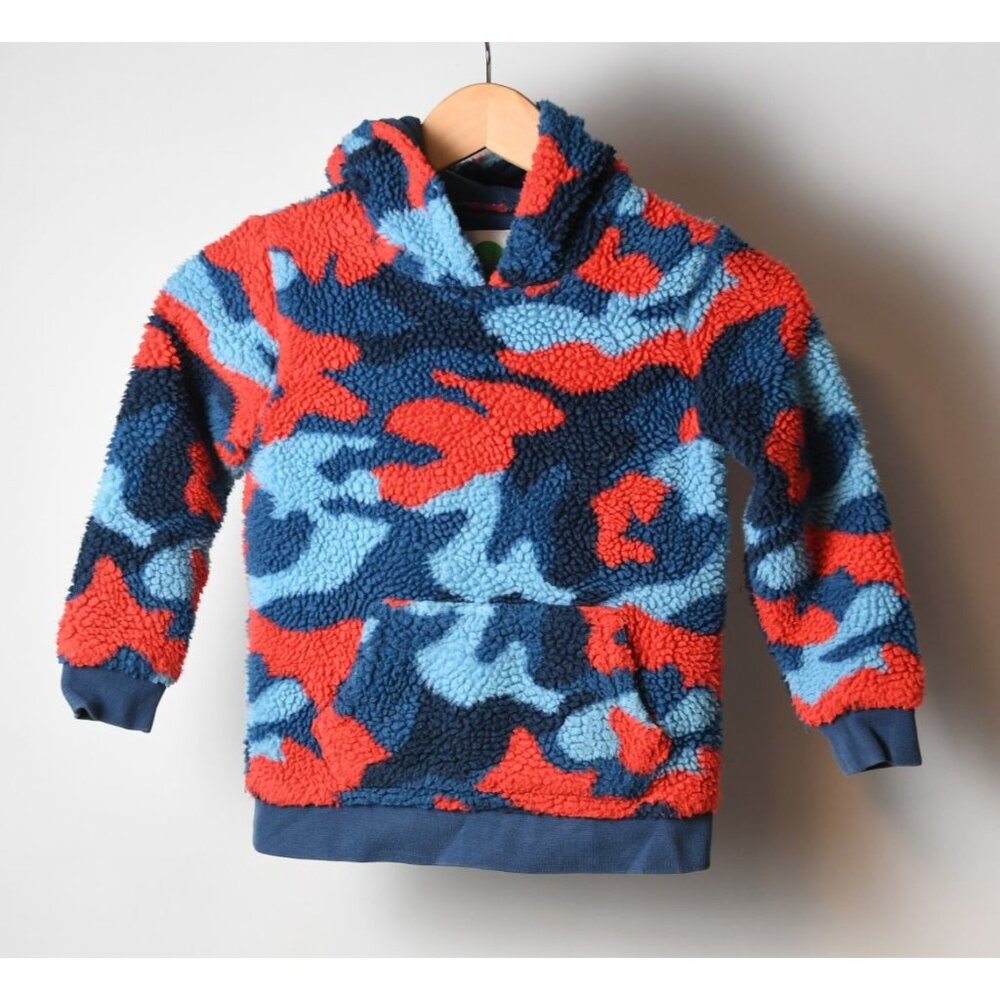 Mini Boden Sweatshirt 6-7Y Hooded Blue and Red Camo Fleece Lined Sweatshirt